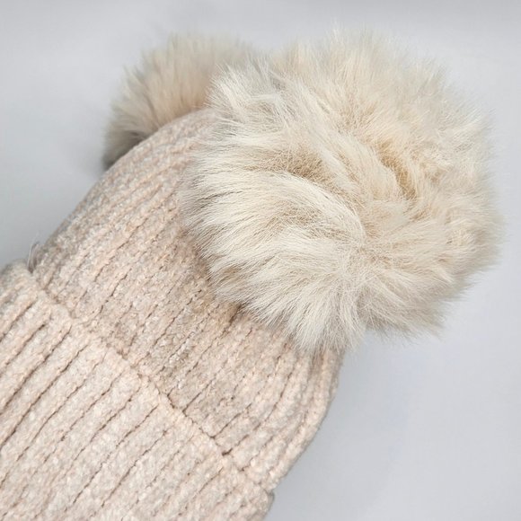 Beige Kids Teddy Bear Sherpa Lined Soft Knit Pom Pom Beanie Winter Hat - Picture 4 of 7